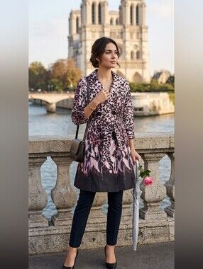 Vertigo Paris Pink & Black Printed Belted Trench Coat